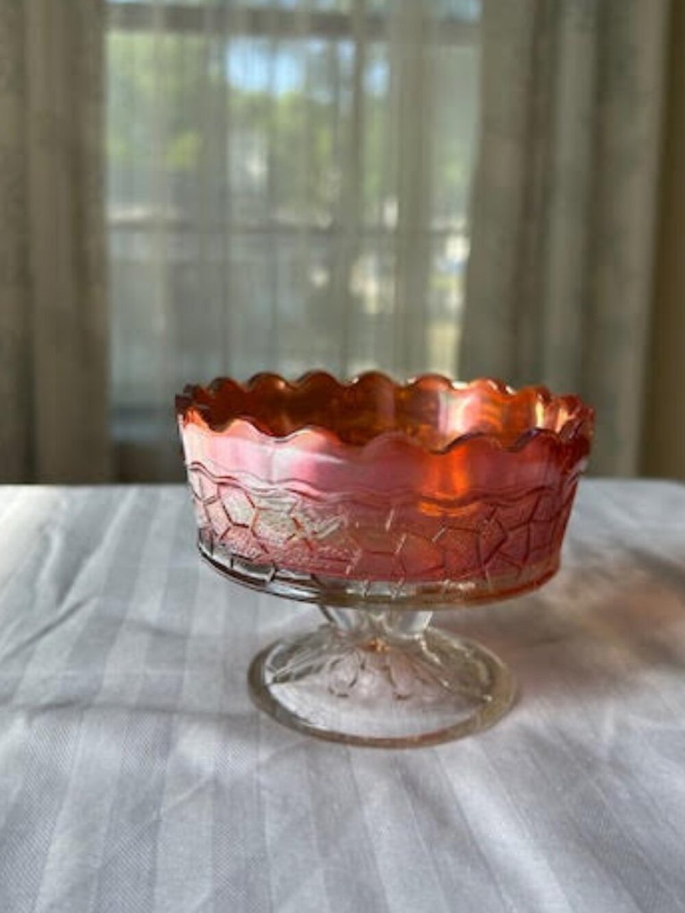 Dugan Carnival Glass Maple Leaf Footed Bowl Vintage Iridescent